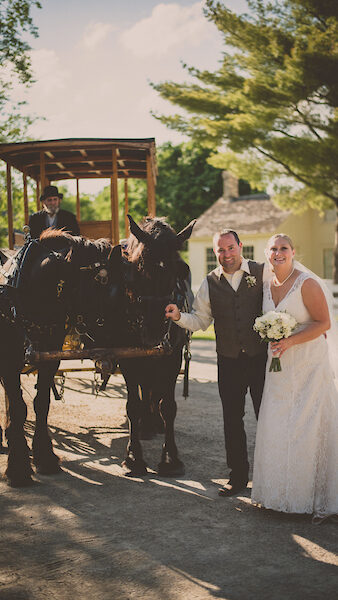 A couple, in a wedding dress and suit, standing by two dark colored horses pulling a carriage