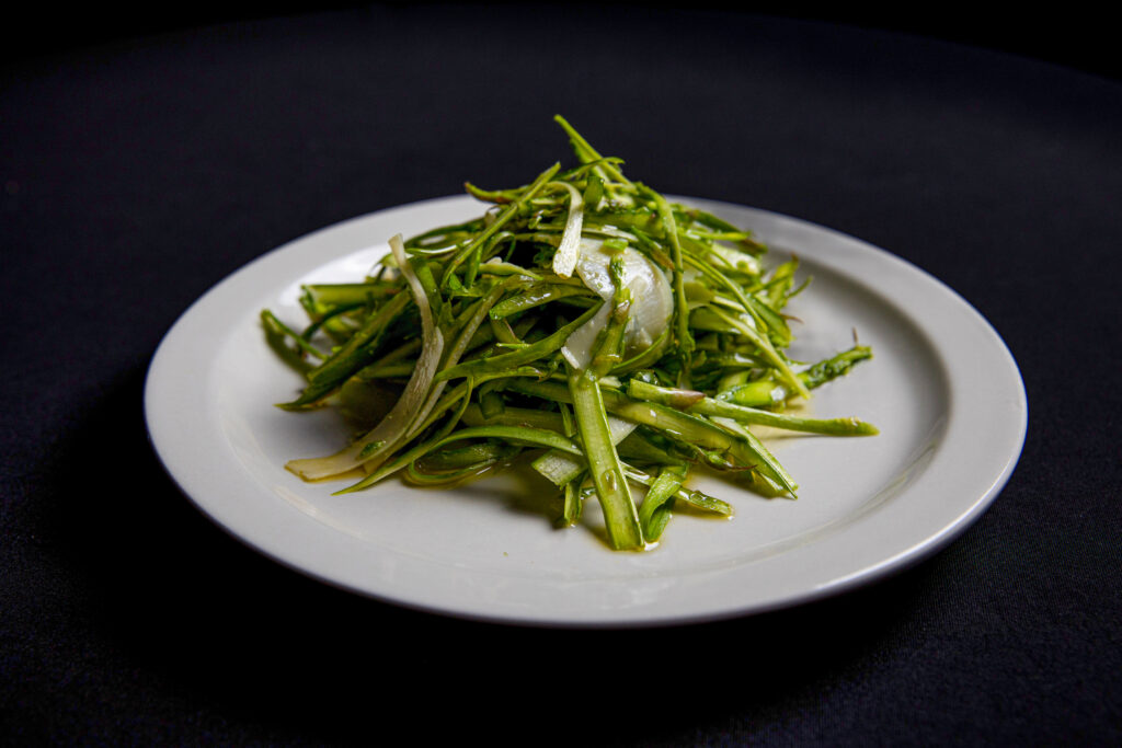 fresh asparagus salad with early harvest olive oil and pecorino cheese,